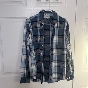 Express Men's Casual Blue and White Checkered Shirt
